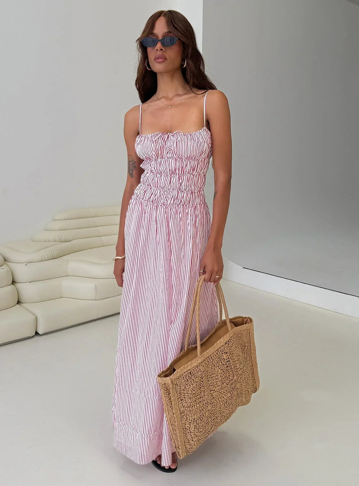 Loralei Shirred Maxi Dress Red Stripe