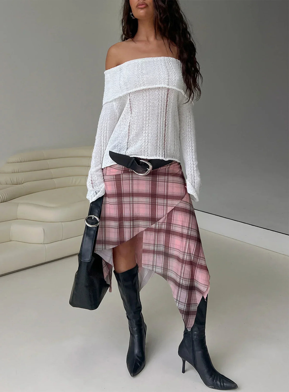 Anali Asymmetrical Midi Skirt Pink / Multi Check